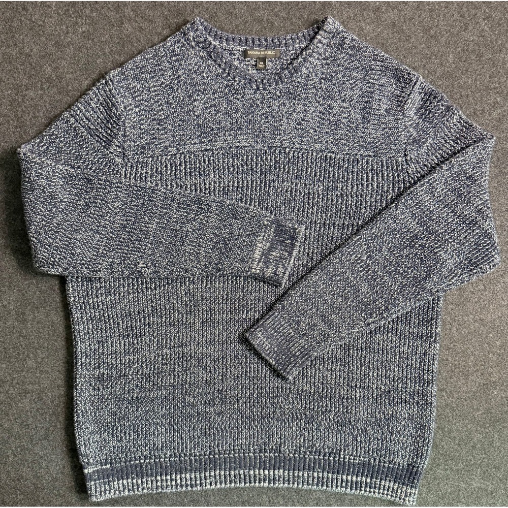 Banana Republic Mens XL Navy Blue Marled Chunky Knit Cotton Fisherman Sweater